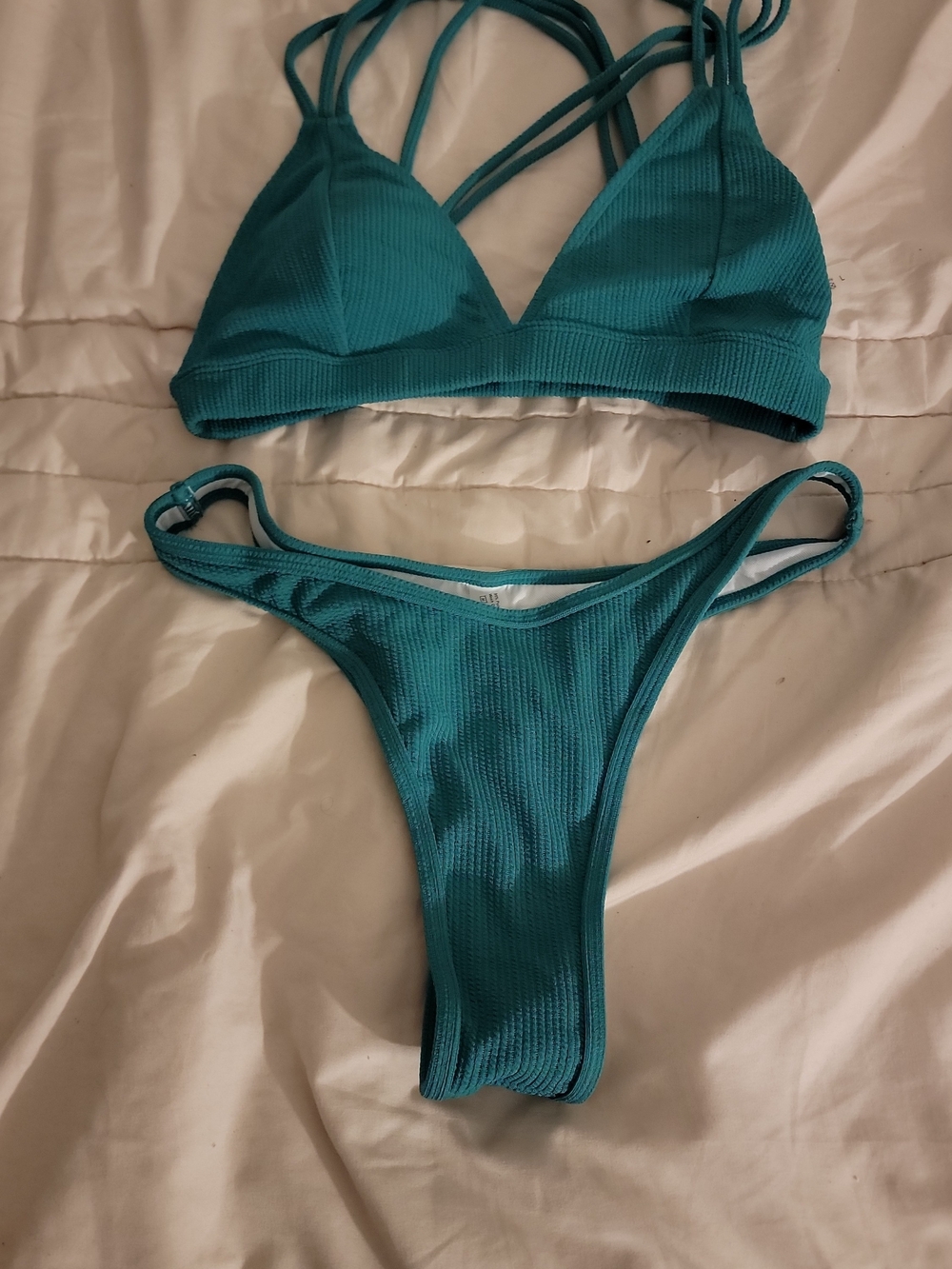 SHEIN Teal Ribbed Strappy Triangle Bikini Set